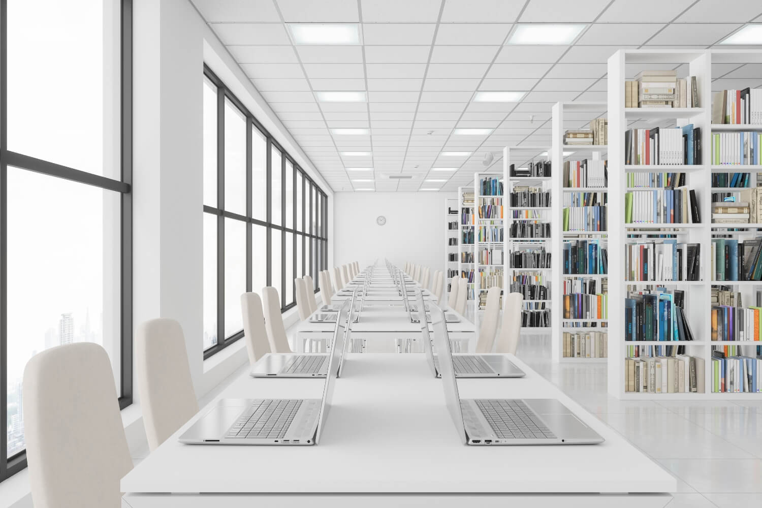 Prioritising Internal Air Quality in Australia Blog Cover Image. It also shows white, clean, minimalist library space.